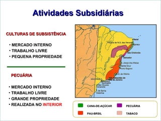 PECUÁRIA MERCADO INTERNO TRABALHO LIVRE GRANDE PROPRIEDADE REALIZADA NO  INTERIOR CULTURAS DE SUBSISTÊNCIA MERCADO INTERNO TRABALHO LIVRE PEQUENA PROPRIEDADE CANA-DE-AÇÚCAR PAU-BRSIL PECUÁRIA TABACO Atividades Subsidiárias 