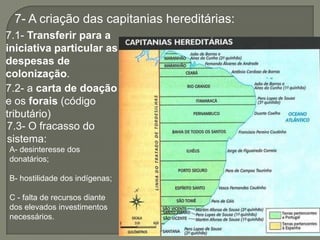 7- A criação das capitanias hereditárias:
7.1- Transferir para a
iniciativa particular as
despesas de
colonização.
7.2- a carta de doação
e os forais (código
tributário)
7.3- O fracasso do
sistema:
A- desinteresse dos
donatários;

B- hostilidade dos indígenas;

C - falta de recursos diante
dos elevados investimentos
necessários.
 
