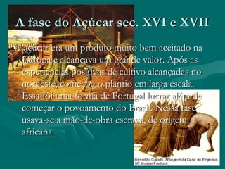 A fase do Açúcar sec. XVI e XVIIA fase do Açúcar sec. XVI e XVII
O açúcar era um produto muito bem aceitado naO açúcar era um produto muito bem aceitado na
Europa e alcançava um grande valor. Após asEuropa e alcançava um grande valor. Após as
experiências positivas de cultivo alcançadas noexperiências positivas de cultivo alcançadas no
nordeste, começou o plantio em larga escala.nordeste, começou o plantio em larga escala.
Essa foi uma forma de Portugal lucrar além deEssa foi uma forma de Portugal lucrar além de
começar o povoamento do Brasil. Nessa fasecomeçar o povoamento do Brasil. Nessa fase
usava-se a mão-de-obra escrava, de origemusava-se a mão-de-obra escrava, de origem
africana.africana.
 
