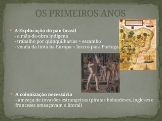 A Exploração do pau-brasil
- a mão-de-obra indígena
- trabalho por quinquilharias = escambo
- venda da tinta na Europa = lucros para Portugal
OS PRIMEIROS ANOS
 A colonização necessária
- ameaça de invasões estrangeiras (piratas holandeses, ingleses e
franceses ameaçavam o litoral)
 