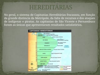 No geral, o sistema de Capitanias Hereditárias fracassou, em função
da grande distância da Metrópole, da falta de recursos e dos ataques
de indígenas e piratas. As capitanias de São Vicente e Pernambuco
foram as únicas que apresentaram resultados satisfatórios.
CAPITANIAS
HEREDITÁRIAS
 