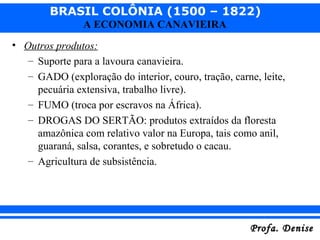 BRASIL COLÔNIA (1500 – 1822)
Profa. DeniseProfa. Denise
A ECONOMIA CANAVIEIRA
• Outros produtos:
– Suporte para a lavoura canavieira.
– GADO (exploração do interior, couro, tração, carne, leite,
pecuária extensiva, trabalho livre).
– FUMO (troca por escravos na África).
– DROGAS DO SERTÃO: produtos extraídos da floresta
amazônica com relativo valor na Europa, tais como anil,
guaraná, salsa, corantes, e sobretudo o cacau.
– Agricultura de subsistência.
 