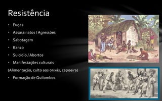 Resistência
• Fugas
• Assassinatos / Agressões
• Sabotagem
• Banzo
• Suicídio / Abortos
• Manifestações culturais
(Alimentação, culto aos orixás, capoeira)
• Formação de Quilombos
 