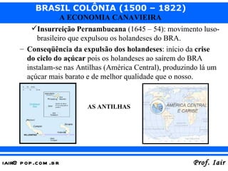 Insurreição Pernambucana  (1645 – 54): movimento luso-brasileiro que expulsou os holandeses do BRA. Conseqüência da expulsão dos holandeses : início da  crise do ciclo do açúcar  pois os holandeses ao saírem do BRA instalam-se nas Antilhas (América Central), produzindo lá um açúcar mais barato e de melhor qualidade que o nosso. AS ANTILHAS 