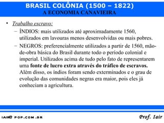 Trabalho escravo:   ÍNDIOS: mais utilizados até aproximadamente 1560, utilizados em lavouras menos desenvolvidas ou mais pobres.  NEGROS: preferencialmente utilizados a partir de 1560, mão-de-obra básica do Brasil durante todo o período colonial e imperial. Utilizados acima de tudo pelo fato de representarem uma  fonte de lucro extra através do tráfico de escravos.  Além disso, os índios foram sendo exterminados e o grau de evolução das comunidades negras era maior, pois eles já conheciam a agricultura. 
