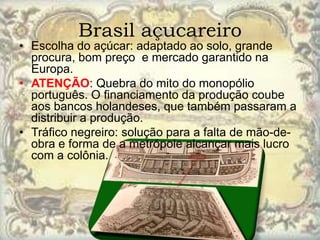 Brasil açucareiro
• Escolha do açúcar: adaptado ao solo, grande
  procura, bom preço e mercado garantido na
  Europa.
• ATENÇÃO: Quebra do mito do monopólio
  português. O financiamento da produção coube
  aos bancos holandeses, que também passaram a
  distribuir a produção.
• Tráfico negreiro: solução para a falta de mão-de-
  obra e forma de a metrópole alcançar mais lucro
  com a colônia.
 