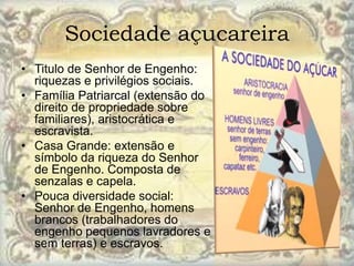 Sociedade açucareira
• Titulo de Senhor de Engenho:
  riquezas e privilégios sociais.
• Família Patriarcal (extensão do
  direito de propriedade sobre
  familiares), aristocrática e
  escravista.
• Casa Grande: extensão e
  símbolo da riqueza do Senhor
  de Engenho. Composta de
  senzalas e capela.
• Pouca diversidade social:
  Senhor de Engenho, homens
  brancos (trabalhadores do
  engenho pequenos lavradores e
  sem terras) e escravos.
 