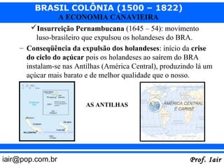BRASIL COLÔNIA (1500 – 1822)
                  A ECONOMIA CANAVIEIRA
        Insurreição Pernambucana (1645 – 54): movimento
          luso-brasileiro que expulsou os holandeses do BRA.
    – Conseqüência da expulsão dos holandeses: início da crise
      do ciclo do açúcar pois os holandeses ao saírem do BRA
      instalam-se nas Antilhas (América Central), produzindo lá um
      açúcar mais barato e de melhor qualidade que o nosso.


                         AS ANTILHAS




iair@pop.com.br                                           Prof. Iair
 