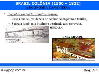 BRASIL COLÔNIA (1500 – 1822)
                  A ECONOMIA CANAVIEIRA
 • Engenhos (unidade produtiva básica):
    – Casa Grande (residência do senhor de engenho e família).
    – Senzala (ambiente insalubre destinado aos escravos).
                                  SENZALA


                                           CASA GRANDE




iair@pop.com.br                                            Prof. Iair
 