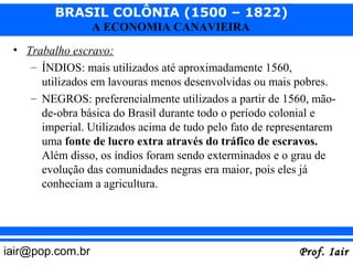 BRASIL COLÔNIA (1500 – 1822)
                  A ECONOMIA CANAVIEIRA
 • Trabalho escravo:
    – ÍNDIOS: mais utilizados até aproximadamente 1560,
      utilizados em lavouras menos desenvolvidas ou mais pobres.
    – NEGROS: preferencialmente utilizados a partir de 1560, mão-
      de-obra básica do Brasil durante todo o período colonial e
      imperial. Utilizados acima de tudo pelo fato de representarem
      uma fonte de lucro extra através do tráfico de escravos.
      Além disso, os índios foram sendo exterminados e o grau de
      evolução das comunidades negras era maior, pois eles já
      conheciam a agricultura.




iair@pop.com.br                                            Prof. Iair
 