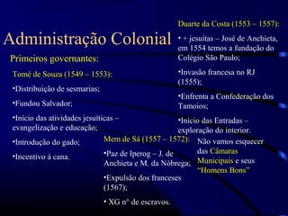 Duarte da Costa (1553 – 1557):

Administração Colonial                                • + jesuítas – José de Anchieta,
                                                      em 1554 temos a fundação do
Primeiros governantes:                                Colégio São Paulo;

 Tomé de Souza (1549 – 1553):                         •Invasão francesa no RJ
                                                      (1555);
 •Distribuição de sesmarias;
                                                      •Enfrenta a Confederação dos
 •Fundou Salvador;                                    Tamoios;
 •Início das atividades jesuíticas –                  •Início das Entradas –
 evangelização e educação;                            exploração do interior.
 •Introdução do gado;          Mem de Sá (1557 – 1572): Não vamos esquecer
                               •Paz de Iperog – J. de       das Câmaras
 •Incentivo à cana.
                               Anchieta e M. da Nóbrega; Municipais e seus
                                                            “Homens Bons”
                               •Expulsão dos franceses
                               (1567);
                               • XG n° de escravos.
 