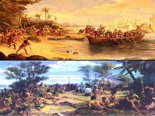 Expansão Ultramarina e
          “Descobrimento”
• Falta de matérias-primas e metais preciosos impede o
  avanço da economia européia;
• Fortalecimento da burguesia permite sua participação no
  projeto;
• Formação do estado moderno – Portugal – 1385;
• Ciclo Oriental das navegações: Portugal conquista Ceuta
  em 1415 e em 1494 chega nas Índias com Vasco da Gama;
• Cristóvão Colombo descobre a América em 1492 no Ciclo
  Ocidental das navegações;
• 1494 – Tratado de Tordesilhas, partilha do mundo entre as
  nações ibéricas a 370 léguas das ilhas de Cabo Verde.
• 1500 – Cabral chega nas terras brasileiras.
 