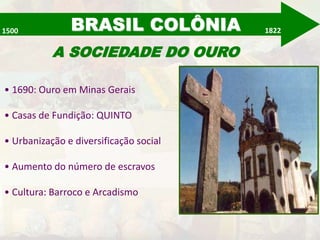 BRASIL COLÔNIA 
1500 1822 
A SOCIEDADE DO OURO 
• 1690: Ouro em Minas Gerais 
• Casas de Fundição: QUINTO 
• Urbanização e diversificação social 
• Aumento do número de escravos 
• Cultura: Barroco e Arcadismo 
 
