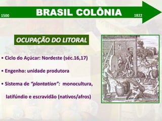 BRASIL COLÔNIA 
1500 1822 
OCUPAÇÃO DO LITORAL 
• Ciclo do Açúcar: Nordeste (séc.16,17) 
• Engenho: unidade produtora 
• Sistema de “plantation”: monocultura, 
latifúndio e escravidão (nativos/afros) 
 