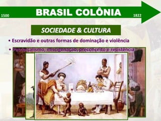 BRASIL COLÔNIA 
1500 1822 
SOCIEDADE & CULTURA 
• Escravidão e outras formas de dominação e violência 
• Patriarcalismo, miscigenação, preconceito e resistência 
 