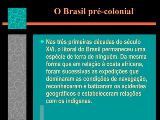 O Brasil pré-colonial Nas três primeiras décadas do século XVI, o litoral do Brasil permaneceu uma espécie de terra de ninguém. Da mesma forma que em relação à costa africana, foram sucessivas as expedições que dominaram as condições de navegação, reconheceram e batizaram os acidentes geográficos e estabeleceram relações com os indígenas. 