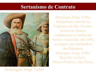 Sertanismo de Contrato Domingos Jorge Velho Domingos Jorge Velho, bandeirante nascido na Capitania de São Vicente, tornou-se famoso combatendo os índios do Norte e vencendo, em 1694, os negros dos Quilombos dos Palmares. Domingos Jorge Velho, Benedito Calixto,  Museu Paulista, São Paulo. 