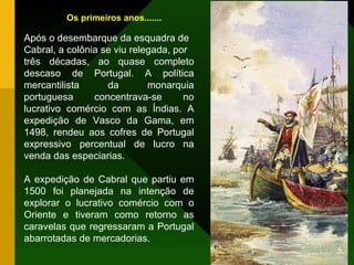 Os primeiros anos....... Após o desembarque da esquadra de Cabral, a colônia se viu relegada, por três décadas, ao quase completo descaso de Portugal. A política mercantilista da monarquia portuguesa concentrava-se no lucrativo comércio com as Índias. A expedição de Vasco da Gama, em 1498, rendeu aos cofres de Portugal expressivo percentual de lucro na venda das especiarias.  A expedição de Cabral que partiu em 1500 foi planejada na intenção de explorar o lucrativo comércio com o Oriente e tiveram como retorno as caravelas que regressaram a Portugal abarrotadas de mercadorias. 