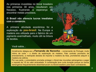 As primeiras investidas no litoral brasileiro nos primeiros 30 anos, resultaram em fracasso, frustrando a esperança de encontrar metais preciosos.  O Brasil não oferecia lucros imediatos com o comércio . A primeira atividade econômica foi a exploração do  pau-brasil . Na Europa a madeira era utilizada para o fabrico de um pigmento avermelhado, muito útil na tintura de tecidos. Inicialmente delegou-se a  Fernando de Noronha  – comerciante de Portugal, muito íntimo da corte – o direito de exploração da madeira. Pelo contrato provisório de arrendamento, a metrópole desistia de importar a madeira da Ásia, prometendo adquirir a madeira da colônia. Por sua parte, o arrendatário prometia proteger o litoral das incursões estrangeiras e pagar o imposto de 1/5 do valor arrecadado. A combinação teve curta duração porque os navios estrangeiros frequentemente desembarcavam no litoral brasileiro para fazer contrabando. Você sabia... 