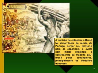 A decisão de colonizar o Brasil foi decorrência do receio de Portugal perder seu território para os espanhóis, e evitar com maior eficiência o contrabando da madeira pau-brasil pelos estrangeiros, principalmente os corsários franceses.  