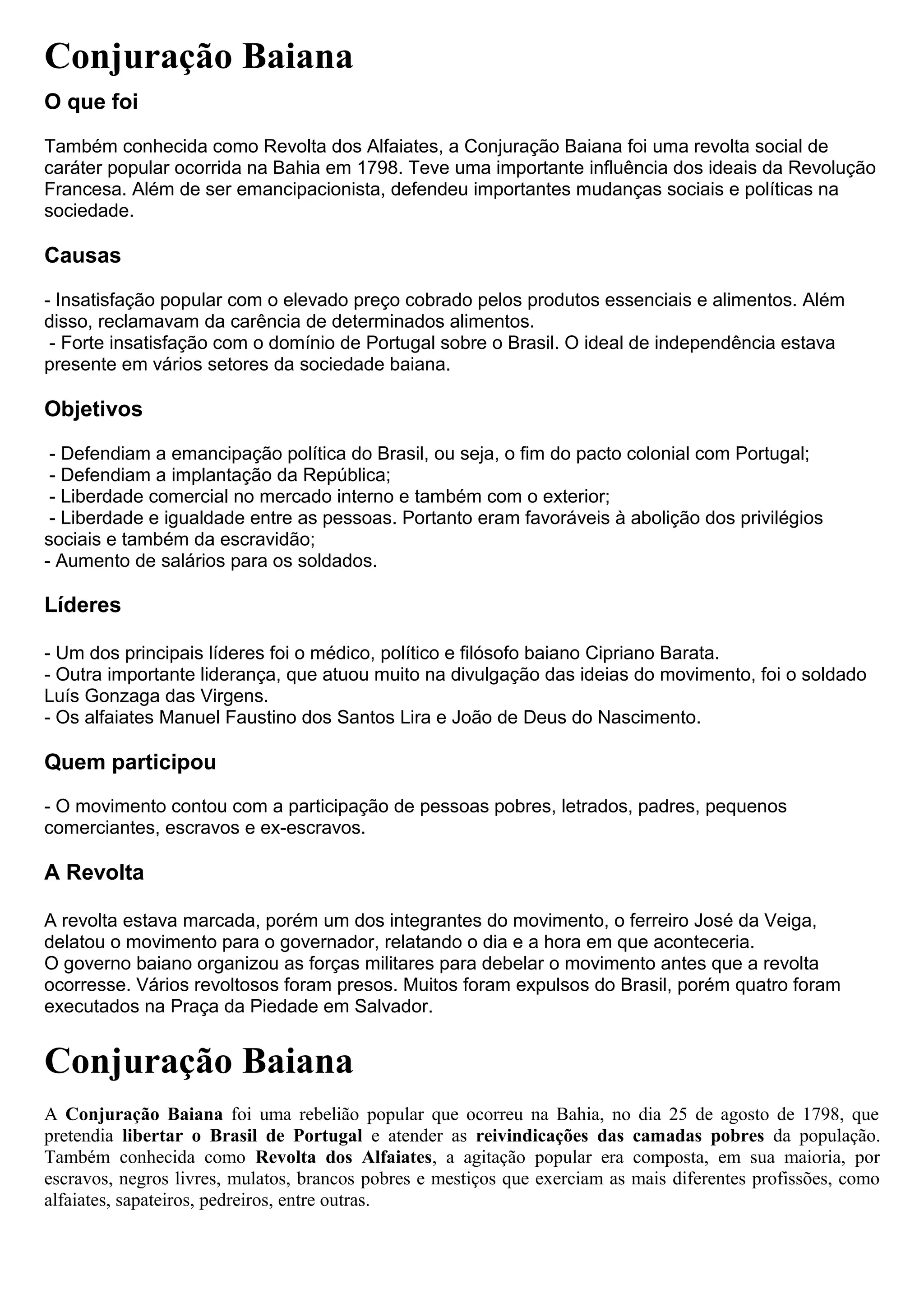 Brasil colonial conjuração baiana | DOC