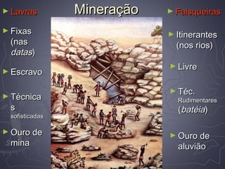 MineraçãoMineração► LavrasLavras ► FaisqueirasFaisqueiras
► FixasFixas
(nas(nas
datasdatas))
► ItinerantesItinerantes
(nos rios)(nos rios)
► EscravoEscravo
► LivreLivre
► TécnicaTécnica
ss
sofisticadassofisticadas
► Téc.Téc.
RudimentaresRudimentares
((batéiabatéia))
► Ouro deOuro de
minamina
► Ouro deOuro de
aluviãoaluvião
 