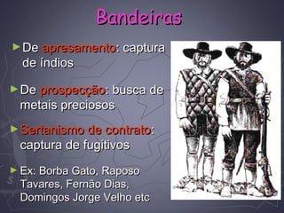 ►DeDe apresamentoapresamento: captura: captura
de índiosde índios
►DeDe prospecçãoprospecção: busca de: busca de
metais preciososmetais preciosos
►Sertanismo de contratoSertanismo de contrato::
captura de fugitivoscaptura de fugitivos
► Ex: Borba Gato, RaposoEx: Borba Gato, Raposo
Tavares, Fernão Dias,Tavares, Fernão Dias,
Domingos Jorge Velho etcDomingos Jorge Velho etc
BandeirasBandeiras
 