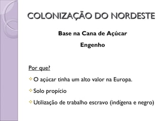 COLONIZAÇÃO DO NORDESTE
               Base na Cana de Açúcar
                       Engenho


Por que?
O   açúcar tinha um alto valor na Europa.
 Solo   propício
 Utilização   de trabalho escravo (indígena e negro)
 