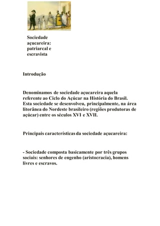 Sociedade
açucareira:
patriarcal e
escravista
Introdução
Denominamos de sociedade açucareira aquela
referente ao Ciclo do Açúcar na História do Brasil.
Esta sociedade se desenvolveu, principalmente, na área
litorânea do Nordeste brasileiro (regiões produtoras de
açúcar) entre os séculos XVI e XVII.
Principais características da sociedade açucareira:
- Sociedade composta basicamente por três grupos
sociais: senhores de engenho (aristocracia), homens
livres e escravos.
 