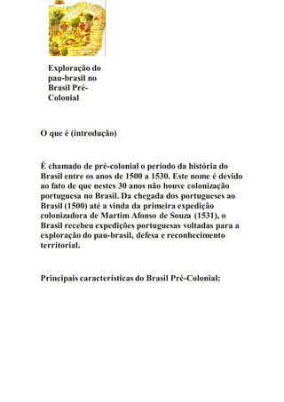 Exploração do
pau-brasil no
Brasil Pré-
Colonial
O que é (introdução)
É chamado de pré-colonial o período da história do
Brasil entre os anos de 1500 a 1530. Este nome é devido
ao fato de que nestes 30 anos não houve colonização
portuguesa no Brasil. Da chegada dos portugueses ao
Brasil (1500) até a vinda da primeira expedição
colonizadora de Martim Afonso de Souza (1531), o
Brasil recebeu expedições portuguesas voltadas para a
exploração do pau-brasil, defesa e reconhecimento
territorial.
Principais características do Brasil Pré-Colonial:
 