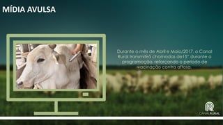 MÍDIA AVULSA
Durante o mês de Abril e Maio/2017, o Canal
Rural transmitirá chamadas de15” durante a
programação, reforçando o período de
vacinação contra aftosa.
 