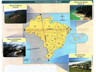 ESPAÇO TERRITORIAL BRASILEIRO Posição longitudinal do território permite três fusos horários: Ilhas Oceânicas, Brasília e Acre; 