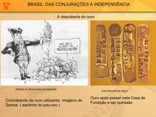 BRASIL: DAS CONJURAÇÕES À INDEPENDÊNCIA A descoberta do ouro História do Brasil para principiantes www.itaucultural.org.br   Contrabando de ouro utilizando  imagens de  Santos  ( santinho do pau-oco )  Ouro após passar pela Casa de  Fundição e ser quintado. 