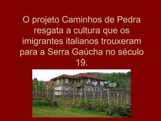 O projeto Caminhos de Pedra
resgata a cultura que os
imigrantes italianos trouxeram
para a Serra Gaúcha no século
19.
 