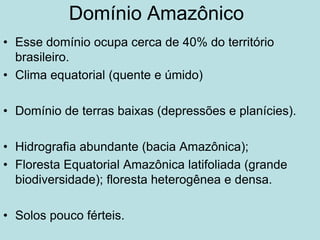 Domínio AmazônicoEsse domínio ocupa cerca de 40% do território brasileiro.Clima equatorial (quente e úmido) Domínio de terras baixas (depressões e planícies). Hidrografia abundante (bacia Amazônica);Floresta Equatorial Amazônica latifoliada (grande biodiversidade); floresta heterogênea e densa.Solos pouco férteis.