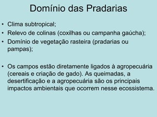 Domínio das Pradarias
• Clima subtropical;
• Relevo de colinas (coxilhas ou campanha gaúcha);
• Domínio de vegetação rasteira (pradarias ou
pampas);
• Os campos estão diretamente ligados à agropecuária
(cereais e criação de gado). As queimadas, a
desertificação e a agropecuária são os principais
impactos ambientais que ocorrem nesse ecossistema.
 