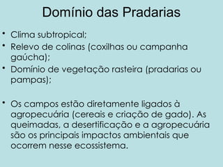 Domínio das Pradarias
• Clima subtropical;
• Relevo de colinas (coxilhas ou campanha
gaúcha);
• Domínio de vegetação rasteira (pradarias ou
pampas);
• Os campos estão diretamente ligados à
agropecuária (cereais e criação de gado). As
queimadas, a desertificação e a agropecuária
são os principais impactos ambientais que
ocorrem nesse ecossistema.
 