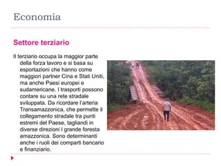 Economia
Settore terziario
Il terziario occupa la maggior parte
della forza lavoro e si basa su
esportazioni che hanno come
maggiori partner Cina e Stati Uniti,
ma anche Paesi europei e
sudamericane. I trasporti possono
contare su una rete stradale
sviluppata. Da ricordare l’arteria
Transamazzonica, che permette il
collegamento stradale tra punti
estremi del Paese, tagliandi in
diverse direzioni l grande foresta
amazzonica. Sono determinanti
anche i ruoli dei comparti bancario
e finanziario.
 
