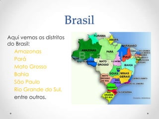 Brasil
Aqui vemos os distritos
do Brasil:
  Amazonas
  Pará
  Mato Grosso
  Bahia
  São Paulo
  Rio Grande do Sul,
  entre outros.
 