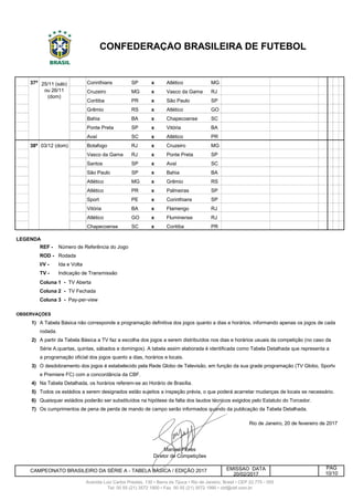 364 37ª Corinthians SP x Atlético MG
365 37ª Cruzeiro MG x Vasco da Gama RJ
366 37ª Coritiba PR x São Paulo SP
367 37ª 26/11 Dom Grêmio RS x Atlético GO
368 37ª 26/11 Dom Bahia BA x Chapecoense SC
369 37ª 26/11 Dom Ponte Preta SP x Vitória BA
370 37ª 26/11 Dom Avaí SC x Atlético PR
371 38ª Botafogo RJ x Cruzeiro MG
372 38ª 3/12 Dom Vasco da Gama RJ x Ponte Preta SP
373 38ª 3/12 Dom Santos SP x Avaí SC
374 38ª 3/12 Dom São Paulo SP x Bahia BA
375 38ª 3/12 Dom Atlético MG x Grêmio RS
376 38ª 3/12 Dom Atlético PR x Palmeiras SP
377 38ª 3/12 Dom Sport PE x Corinthians SP
378 38ª 3/12 Dom Vitória BA x Flamengo RJ
379 38ª 3/12 Dom Atlético GO x Fluminense RJ
380 38ª 3/12 Dom Chapecoense SC x Coritiba PR
REF - Número de Referência do Jogo
ROD - Rodada
I/V - Ida e Volta
TV - Indicação de Transmissão
1)
2)
3)
4)
5)
6)
7)
EMISSAO DATA
20/02/2017
Avenida Luiz Carlos Prestes, 130 • Barra da Tijuca • Rio de Janeiro, Brasil • CEP 22.775 - 055
Tel: 00 55 (21) 3572 1900 • Fax: 00 55 (21) 3572 1990 • cbf@cbf.com.br
CAMPEONATO BRASILEIRO DA SÉRIE A - TABELA BÁSICA / EDIÇÃO 2017
Coluna 1 - TV Aberta
Coluna 2 - TV Fechada
CONFEDERAÇÃO BRASILEIRA DE FUTEBOL
LEGENDA
25/11 (sáb)
ou 26/11
(dom)
OBSERVAÇÕES
Coluna 3 - Pay-per-view
PÁG
10/10
Diretor de Competições
Manoel Flores
03/12 (dom)
A Tabela Básica não corresponde a programação definitiva dos jogos quanto a dias e horários, informando apenas os jogos de cada
rodada.
A partir da Tabela Básica a TV faz a escolha dos jogos a serem distribuídos nos dias e horários usuais da competição (no caso da
Série A,quartas, quintas, sábados e domingos). A tabela assim elaborada é identificada como Tabela Detalhada que representa a
a programação oficial dos jogos quanto a dias, horários e locais.
O desdobramento dos jogos é estabelecido pela Rede Globo de Televisão, em função da sua grade programação (TV Globo, Sportv
e Premiere FC) com a concordância da CBF.
Na Tabela Detalhada, os horários referem-se ao Horário de Brasília.
Todos os estádios a serem designados estão sujeitos a inspeção prévia, o que poderá acarretar mudanças de locais se necessário.
Quaisquer estádios poderão ser substituídos na hipótese da falta dos laudos técnicos exigidos pelo Estatuto do Torcedor.
Os cumprimentos de pena de perda de mando de campo serão informados quando da publicação da Tabela Detalhada.
Rio de Janeiro, 20 de fevereiro de 2017
 