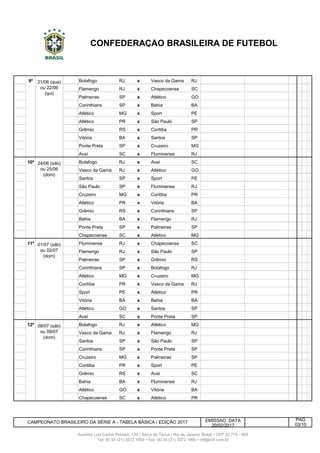 081 9ª Botafogo RJ x Vasco da Gama RJ
082 9ª Flamengo RJ x Chapecoense SC
083 9ª Palmeiras SP x Atlético GO
084 9ª 21/6 Qua Corinthians SP x Bahia BA
085 9ª 21/6 Qua Atlético MG x Sport PE
086 9ª 21/6 Qua Atlético PR x São Paulo SP
087 9ª 21/6 Qua Grêmio RS x Coritiba PR
088 9ª 21/6 Qua Vitória BA x Santos SP
089 9ª 21/6 Qua Ponte Preta SP x Cruzeiro MG
090 9ª 21/6 Qua Avaí SC x Fluminense RJ
091 10ª Botafogo RJ x Avaí SC
092 10ª Vasco da Gama RJ x Atlético GO
093 10ª Santos SP x Sport PE
094 10ª 25/6 Dom São Paulo SP x Fluminense RJ
095 10ª 25/6 Dom Cruzeiro MG x Coritiba PR
096 10ª 25/6 Dom Atlético PR x Vitória BA
097 10ª 25/6 Dom Grêmio RS x Corinthians SP
098 10ª 25/6 Dom Bahia BA x Flamengo RJ
099 10ª 25/6 Dom Ponte Preta SP x Palmeiras SP
100 10ª 25/6 Dom Chapecoense SC x Atlético MG
101 11ª Fluminense RJ x Chapecoense SC
102 11ª Flamengo RJ x São Paulo SP
103 11ª Palmeiras SP x Grêmio RS
104 11ª 2/7 Dom Corinthians SP x Botafogo RJ
105 11ª 2/7 Dom Atlético MG x Cruzeiro MG
106 11ª 2/7 Dom Coritiba PR x Vasco da Gama RJ
107 11ª 2/7 Dom Sport PE x Atlético PR
108 11ª 2/7 Dom Vitória BA x Bahia BA
109 11ª 2/7 Dom Atlético GO x Santos SP
110 11ª 2/7 Dom Avaí SC x Ponte Preta SP
111 12ª Botafogo RJ x Atlético MG
112 12ª Vasco da Gama RJ x Flamengo RJ
113 12ª Santos SP x São Paulo SP
114 12ª 9/7 Dom Corinthians SP x Ponte Preta SP
115 12ª 9/7 Dom Cruzeiro MG x Palmeiras SP
116 Coritiba PR x Sport PE
117 Grêmio RS x Avaí SC
118 12ª 9/7 Dom Bahia BA x Fluminense RJ
119 12ª 9/7 Dom Atlético GO x Vitória BA
120 12ª 9/7 Dom Chapecoense SC x Atlético PR
EMISSAO DATA
20/02/2017
Tel: 00 55 (21) 3572 1900 • Fax: 00 55 (21) 3572 1990 • cbf@cbf.com.br
CAMPEONATO BRASILEIRO DA SÉRIE A - TABELA BÁSICA / EDIÇÃO 2017
PÁG
CONFEDERAÇÃO BRASILEIRA DE FUTEBOL
Avenida Luiz Carlos Prestes, 130 • Barra da Tijuca • Rio de Janeiro, Brasil • CEP 22.775 - 055
24/06 (sáb)
ou 25/06
(dom)
21/06 (qua)
ou 22/06
(qui)
08/07 (sáb)
ou 09/07
(dom)
01/07 (sáb)
ou 02/07
(dom)
03/10
 