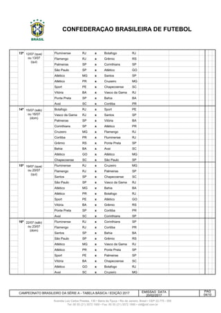 121 13ª Fluminense RJ x Botafogo RJ
122 13ª Flamengo RJ x Grêmio RS
123 13ª Palmeiras SP x Corinthians SP
124 13ª 12/7 Qua São Paulo SP x Atlético GO
125 13ª 12/7 Qua Atlético MG x Santos SP
126 13ª 12/7 Qua Atlético PR x Cruzeiro MG
127 13ª 12/7 Qua Sport PE x Chapecoense SC
128 13ª 12/7 Qua Vitória BA x Vasco da Gama RJ
129 13ª 12/7 Qua Ponte Preta SP x Bahia BA
130 13ª 12/7 Qua Avaí SC x Coritiba PR
131 14ª Botafogo RJ x Sport PE
132 14ª Vasco da Gama RJ x Santos SP
133 14ª Palmeiras SP x Vitória BA
134 14ª 16/7 Dom Corinthians SP x Atlético PR
135 14ª 16/7 Dom Cruzeiro MG x Flamengo RJ
136 14ª 16/7 Dom Coritiba PR x Fluminense RJ
137 14ª 16/7 Dom Grêmio RS x Ponte Preta SP
138 14ª 16/7 Dom Bahia BA x Avaí SC
139 14ª 16/7 Dom Atlético GO x Atlético MG
140 14ª 16/7 Dom Chapecoense SC x São Paulo SP
141 15ª Fluminense RJ x Cruzeiro MG
142 15ª Flamengo RJ x Palmeiras SP
143 15ª Santos SP x Chapecoense SC
144 15ª 19/7 Qua São Paulo SP x Vasco da Gama RJ
145 15ª 19/7 Qua Atlético MG x Bahia BA
146 15ª 19/7 Qua Atlético PR x Botafogo RJ
147 15ª 19/7 Qua Sport PE x Atlético GO
148 15ª 19/7 Qua Vitória BA x Grêmio RS
149 15ª 19/7 Qua Ponte Preta SP x Coritiba PR
150 15ª 19/7 Qua Avaí SC x Corinthians SP
151 16ª Fluminense RJ x Corinthians SP
152 16ª Flamengo RJ x Coritiba PR
153 16ª Santos SP x Bahia BA
154 16ª 23/7 Dom São Paulo SP x Grêmio RS
155 16ª 23/7 Dom Atlético MG x Vasco da Gama RJ
156 16ª 23/7 Dom Atlético PR x Ponte Preta SP
157 16ª 23/7 Dom Sport PE x Palmeiras SP
158 Vitória BA x Chapecoense SC
159 Atlético GO x Botafogo RJ
160 16ª 42574 Dom Avaí SC x Cruzeiro MG
EMISSAO DATA
20/02/2017
Avenida Luiz Carlos Prestes, 130 • Barra da Tijuca • Rio de Janeiro, Brasil • CEP 22.775 - 055
CONFEDERAÇÃO BRASILEIRA DE FUTEBOL
CAMPEONATO BRASILEIRO DA SÉRIE A - TABELA BÁSICA / EDIÇÃO 2017
22/07 (sáb)
ou 23/07
(dom)
19/07 (qua)
ou 20/07
(qui)
PÁG
04/10
15/07 (sáb)
ou 16/07
(dom)
12/07 (qua)
ou 13/07
(qui)
Tel: 00 55 (21) 3572 1900 • Fax: 00 55 (21) 3572 1990 • cbf@cbf.com.br
 