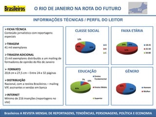 O RIO DE JANEIRO NA ROTA DO FUTURO

                        INFORMAÇÕES TÉCNICAS / PERFIL DO LEITOR

FICHA TÉCNICA
Conteúdo jornalístico com reportagens
                                                CLASSE SOCIAL                      FAIXA ETÁRIA
especiais
                                                 12%

TIRAGEM                                                                      A    24%        25%     18-25
                                                 32%
41 mil exemplares                                            56%
                                                                              B                       25-50
                                                                                        51%
                                                                              C                       50-80
TIRAGEM ADICIONAL
15 mil exemplares distribuído a um mailing de
formadores de opinião do Rio de Janeiro

 FORMATO
20,8 cm x 27,5 cm – Entre 24 e 32 páginas         EDUCAÇÃO                              GÊNERO
                                                                   Ensino
                                                                   Fundamental
DISTRIBUIÇÃO                                          7%
                                                            10%
Nacional, com a revista Brasileiros – mailing
                                                                                  45%
VIP, assinantes e vendas em banca               83%
                                                                   Ensino Médio
                                                                                               55%
                                                                                                     Homem
                                                                                                     Mulher
INTERNET
Mínimo de 216 inserções (reportagens no                            Superior
site)


Brasileiros A REVISTA MENSAL DE REPORTAGENS, TENDÊNCIAS, PERSONAGENS, POLÍTICA E ECONOMIA
 
