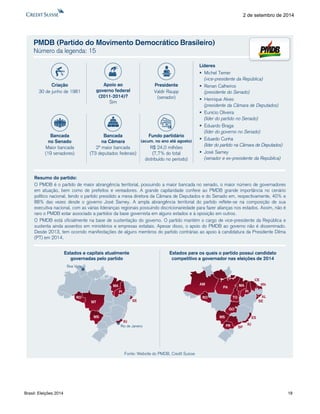Brasil: Eleições 2014 18 
2 de setembro de 2014 
PMDB (Partido do Movimento Democrático Brasileiro) Número da legenda: 15Resumodopartido: OPMDBéopartidodemaiorabrangênciaterritorial,possuindoamaiorbancadanosenado,omaiornúmerodegovernadoresematuação,bemcomodeprefeitosevereadores.AgrandecapilaridadeconfereaoPMDBgrandeimportâncianocenáriopolíticonacional,tendoopartidopresididoamesadiretoradaCâmaradeDeputadosedoSenadoem,respectivamente,40%e88%dasvezesdesdeogovernoJoséSarney.Aamplaabrangênciaterritorialdopartidoreflete-senacomposiçãodesuaexecutivanacional,comasváriasliderançasregionaispossuindodiscricionariedadeparafazeraliançasnosestados.Assim,nãoérarooPMDBestarassociadoapartidosdabasegovernistaemalgunsestadoseàoposiçãoemoutros. OPMDBestáoficialmentenabasedesustentaçãodogoverno.Opartidomantémocargodevice-presidentedaRepúblicaesustentaaindaassentosemministérioseempresasestatais.Apesardisso,oapoiodoPMDBaogovernonãoédisseminado. Desde2013,temocorridomanifestaçõesdealgunsmembrosdopartidocontráriasaoapoioàcandidaturadaPresidenteDilma(PT)em2014. Estados e capitais atualmentegovernadas pelo partidoEstados para os quais o partido possui candidato competitivo a governador nas eleições de 2014ROPIRJMSPRSPPIBoa VistaRio de JaneiroLíderes Michel Temer(vice-presidente da República) Renan Calheiros(presidente do Senado) Henrique Alves(presidente da Câmara de Deputados) Eunício Oliveira(líder do partido no Senado) Eduardo Braga(líder do governo no Senado) Eduardo Cunha(líder do partido na Câmara de Deputados) José Sarney(senador e ex-presidente da República) MAROMTMSRJSEESSEALRNCEMAGOTOPAAMFonte: Website do PMDB, Credit SuisseCriação30 de junho de 1981PresidenteValdir Raupp(senador) Bancadana Câmara2ª maior bancada(73 deputados federais) Bancadano SenadoMaior bancada(19 senadores) Fundo partidário(acum. no ano até agosto) R$ 24,0 milhões(7,7% do totaldistribuído no período) Apoio aogoverno federal(2011-2014)? Sim  