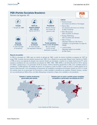 Brasil: Eleições 2014 24 
2 de setembro de 2014 
PSB (Partido Socialista Brasileiro) Número da legenda: 40Resumodopartido: OPSBfoirefundadoem1985,apósserextintonadécadade1960,apartirdomesmomanifestoeprogramade1947doantigoPSB.Opartidonãoteveatuaçãoexpressivaaté1990.Comafiliaçãodoex-governadorMiguelArraes,falecidoem2005, oPSBsetornouumalegendadeatuaçãomaisnacional.Desdesuarefundação,opartidofoiumaliadotradicionaldoPT,tendoapoiadoacandidaturadeLulaàpresidêncianaseleiçõesde1989,1994,1998,2006eadeDilmaRousseffem2010.Apenasem2002,opartidolançouoex-governadordoRiodeJaneiro,AnthonyGarotinho(atualmentenoPR),comocandidatopróprioàpresidência.OPSBparticipoudacoalizãodegovernonoCongressoapartirde2003.Apartirde2013,opartidoafastou-sedogovernoDilmaRousseff,comoantecipaçãoaolançamentodacandidaturaàpresidênciadeEduardoCamposem2014.Amorteemacidenteaéreodoex-governadordePernambucoeentãocandidatoàpresidênciadarepública,EduardoCampos,resultouemsuasubstituiçãoporMarinaSilva,comBetoAlbuquerquecompondoachapacomocandidatoavice-presidente. Líderes Roberto Amaral(ex-ministro da Ciência e Tecnologia) Marina Silva(ex-senadora pelo Acre e ex-ministrado Meio Ambiente) Beto Albuquerque(líder do partido na Câmara) Rodrigo Rollemberg(líder do partido pelo Senado) Márcio França(deputado federal por São Paulo e candidato a vice-governador na chapa do PSDB) Luiza Erundina(deputada federal e ex-prefeitade São Paulo) Estados e capitais atualmentegovernadas pelo partidoEstados para os quais o partido possui candidato competitivo a governador nas eleições de 2014RRPBPorto VelhoESAPRecifeCuiabáBelo HorizonteFortalezaPEESAPDFBACECriação1º de julho de 1988PresidenteRoberto Amaral(ex-ministro dogoverno Lula) Bancadana Câmara8ª maior bancada(24 deputados federais) Bancadano Senado7ª maior bancada(4 senadores) Fundo partidário(acum. no ano até agosto) R$ 12,5 milhões(4,0% do totaldistribuído no período) Apoio aogoverno federal(2011-2014)? Apenas até 2012Fonte: Website do PSB, Credit Suisse  