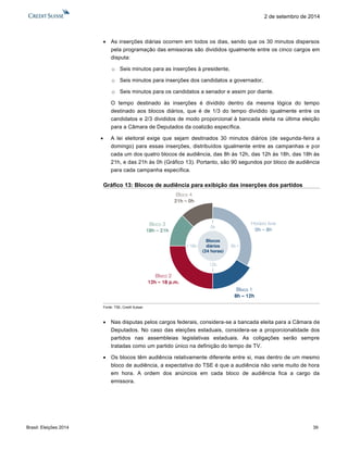 Brasil: Eleições 2014 39 
2 de setembro de 2014 
 As inserções diárias ocorrem em todos os dias, sendo que os 30 minutos dispersos pela programação das emissoras são divididos igualmente entre os cinco cargos em disputa: 
o Seis minutos para as inserções à presidente, 
o Seis minutos para inserções dos candidatos a governador, 
o Seis minutos para os candidatos a senador e assim por diante. 
O tempo destinado às inserções é dividido dentro da mesma lógica do tempo destinado aos blocos diários, que é de 1/3 do tempo dividido igualmente entre os candidatos e 2/3 divididos de modo proporcional à bancada eleita na última eleição para a Câmara de Deputados da coalizão específica. 
 A lei eleitoral exige que sejam destinados 30 minutos diários (de segunda-feira a domingo) para essas inserções, distribuídos igualmente entre as campanhas e por cada um dos quatro blocos de audiência, das 8h às 12h, das 12h às 18h, das 18h às 21h, e das 21h às 0h (Gráfico 13). Portanto, são 90 segundos por bloco de audiência para cada campanha específica. 
Gráfico 13: Blocos de audiência para exibição das inserções dos partidos 
Fonte: TSE, Credit Suisse 
 Nas disputas pelos cargos federais, considera-se a bancada eleita para a Câmara de Deputados. No caso das eleições estaduais, considera-se a proporcionalidade dos partidos nas assembleias legislativas estaduais. As coligações serão sempre tratadas como um partido único na definição do tempo de TV. 
 Os blocos têm audiência relativamente diferente entre si, mas dentro de um mesmo bloco de audiência, a expectativa do TSE é que a audiência não varie muito de hora em hora. A ordem dos anúncios em cada bloco de audiência fica a cargo da emissora. 
Horário livre0h –8hBloco 18h –12hBloco 212h –18 p.m. Bloco 318h –21hBloco 421h –0h18h0h12h6hBlocosdiários(24 horas)  