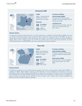 Brasil: Eleições 2014 62 
2 de setembro de 2014 
Amazonas (AM) 
As pesquisas de opinião de agosto indicavam um cenário favorável para a candidatura de Eduardo Braga (PMDB), que conta 
com grande reconhecimento popular, apoio de Dilma Rousseff e simpatia do ex-governador Omar Aziz (PSD), que deixou o 
governo para concorrer ao Senado. O baixo percentual de votos brancos, nulos e eleitores indecisos nas últimas pesquisas de 
opinião, aliado ao fato de Braga possuir mais de 50% das intenções de voto lhe confere amplo favoritismo. O recém-empossado 
governador, José Melo (PROS), possui pouca experiência em eleições majoritárias. 
Eleitorado 
2,2 milhões 
de pessoas 
1,5% do 
total do País 
Capital 
Manaus, administrada pelo 
PSDB e com 56% dos 
eleitores totais no Estado. 
Situação eleitoral 
Estado 
localizado 
na Região 
Norte 
do Brasil 
Eduardo Braga (PMDB) 
Ex-governador do Estado por dois 
mandatos consecutivos (2003-2010); é 
Senador pelo estado. 
José Melo (Pros) 
Atual governador do Estado, tendo sido 
eleito vice na chapa de Omar Aziz 
(2011-2014). 
Principais candidatos 
Pará (PA) 
As pesquisas de intenção de voto de agosto apontam empate técnico entre o atual governador, Simão Jatene (PSDB), e o 
candidato do PMDB, Helder Barbalho, apoiado por Dilma Rousseff. Os demais candidatos têm intenções de voto pouco 
significativas. Helder é herdeiro político de Jader Barbalho, ex-governador e ex-senador pelo estado. O baixo nível de aprovação 
da atual gestão de Simão Jatene (PSDB), apoiado por Aécio Neves, pode representar um obstáculo para sua à reeleição. O 
grau de conversão do elevado nível de intenções de voto em branco, nulo e indecisos para os atuais candidatos será 
determinante para a definição da eleição a governador. 
Eleitorado 
5,2 milhões 
de pessoas 
3,6% do 
total do País 
Capital 
Belém é governada pelo 
PSDB e possui 20% dos 
eleitores do estado. 
Situação eleitoral 
Estado 
localizado 
na Região 
Norte 
do Brasil 
Helder Barbalho (PMDB) 
Prefeito de Ananindeua (2005-2012), 
foi também deputado estadual (2003- 
2004). 
Simão Jatene (PSDB) 
Atual governador, concorre à reeleição. 
Havia sido governador entre 2003- 
2006. 
Principais candidatos 
 