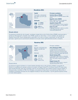 Brasil: Eleições 2014 63 
2 de setembro de 2014 
Rondônia (RO) 
As pesquisas de intenção de voto do agosto assinalavam empate técnico entre Confúcio Moura (PMDB), atual governador e 
apoiado por Dilma Rousseff, e Expedito Júnior (PSDB), apoiado por Aécio Neves. Os dois candidatos são seguidos por 
Jaqueline Cassol (PR). Cassol é apoiada pelo ex-governador e seu irmão, Ivo Cassol, ex-governador com alto índice de 
aprovação, sugerindo que seu percentual de intenções de voto pode crescer significativamente durante a campanha. 
Eleitorado 
1,1 milhão 
de pessoas 
0,8% do 
total do País 
Capital 
Porto Velho, administrada 
pelo PSB e com 27% dos 
eleitores. 
Situação eleitoral 
Estado 
localizado 
na Região 
Norte 
do Brasil 
Confúcio Moura (PMDB) 
Atual governador, foi deputado federal (1995- 
2010). 
Expedito Júnior (PSDB) 
Eleito senador em 2010, é ex-deputado 
federal (1987-1990, 1995-2002). 
Jaqueline Cassol (PR) 
Irmã do ex-governador Ivo Cassol, Jaqueline 
nunca disputou eleições a um cargo eletivo. 
Padre Ton (PT) 
É deputado federal (2011-2014) ex-prefeito 
de Alto Alegre por dois mandatos 
consecutivos (2005-2010). 
Principais candidatos 
Roraima (RR) 
As pesquisas de agosto assinalavam um quadro bastante disputado entre os três principais candidatos a governador de 
Roraima. As candidaturas de oposição ao governo de estado, de Ângela Portela (PT) e de Neudo Campos (PP) terão ambas 
apoio de Dilma Rousseff, tendo sido construídas a partir de uma articulação de vários partidos da base do governo federal. O 
atual governador e candidato do PSB, Chico Rodrigues, será apoiado por Aécio Neves e possivelmente por Marina Silva. A 
candidatura de Rodrigues terá apoio de uma coligação formada por mais de 20 partidos, o que lhe garantirá expressivo tempo 
no horário eleitoral gratuito. 
Eleitorado 
0,3 milhão 
de pessoas 
0,2% do 
total do País 
Capital 
Boa Vista, administrada pelo 
PMDB e com 65% dos 
eleitores. 
Situação eleitoral 
Estado 
localizado 
na Região 
Norte 
do Brasil 
Chico Rodrigues (PSB) 
É o atual governador que concorre à 
reeleição; assumiu em abril deste ano 
seguindo a renúncia do então governador 
José de Anchieta Júnior, que concorrerá ao 
Senado. Foi deputado federal (1991-2010). 
Neudo Campos (PP) 
Ex-governador (1995-2002) e ex-deputado 
federal (2007-2010), concorreu ao cargo em 
2010, mas perdeu a disputa no segundo 
turno. 
Ângela Portela (PT) 
Senadora pelo estado, exerceu o cargo de 
deputada federal (2007-2010). 
Principais candidatos 
 