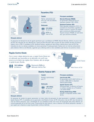 Brasil: Eleições 2014 64 
2 de setembro de 2014 
Tocantins (TO) 
As pesquisas de intenção de voto de agosto apontavam que a candidatura do PMDB, Marcelo Miranda, detinha um pouco mais 
de 50% das intenções de voto. Miranda tem o apoio de Dilma Rousseff, além do apoio de vários partidos da base do governo 
federal, como o PSD. O candidato do SD, Sandoval Cardoso, apoiado por Aécio Neves, detinha pouco mais de 20% das 
intenções de voto e os demais candidatos um menor percentual. O atual governador Cardoso tem um nível de conhecimento 
pelos eleitores inferior ao de Miranda, sugerindo que a diferença entre os dois candidatos pode diminuir nos próximos meses. 
Eleitorado 
0,9 milhão 
de pessoas 
0,7% do 
total do País 
Capital 
Palmas, administrada pelo 
PP e com 18% dos eleitores 
do estado. 
Situação eleitoral 
Estado 
localizado 
na Região 
Norte 
do Brasil 
Marcelo Miranda (PMDB) 
Ex-governador (2003-2010) e ex-deputado 
estadual (1991-2002). 
Sandoval Cardoso (SD) 
Eleito deputado estadual em 2010, foi 
presidente da Assembleia Legislativa do 
estado e assumiu o governo do estado 
após a renúncia do então governador 
Siqueira Campos (PSDB), em abril deste 
ano, que concorre ao Senado. 
Principais candidatos 
Região Centro-Oeste 
Com o menor colégio eleitoral do país, a região Centro-Oeste tem 
um eleitorado que assemelha-se ao eleitorado com perfil mais 
próximo ao do eleitor das regiões Sul e Sudeste, além de abrigar 
a capital do país, Brasilía. 
10,2 milhões 
de eleitores 
Representa 7,2% do 
eleitorado total do País Mato Grosso do Sul 
Mato 
Grosso 
Distrito Federal 
Goiás 
Distrito Federal (DF) 
As pesquisas de opinião de agosto apresentam um baixo índice de aprovação do atual governador e candidato à reeleição, 
Agnelo Queiroz (PT). A candidatura do ex-governador José Roberto Arruda, do PR, tinha pouco mais de 30% das intensões de 
voto nas últimas pesquisas, mas a oficialização de sua candidatura ainda corre riscos de impugnação pela justiça eleitoral, por 
conta da aplicação da Lei da Ficha Limpa. O percentual de votos brancos, nulos e indecisos nas últimas pesquisas é elevado, o 
que sugere que a disputa ao cargo de governador continua indefinida. 
Eleitorado 
1,86 milhão 
de pessoas 
1,3% do 
total do País 
Capital 
Brasília é administrada 
pelo PT 
Situação eleitoral 
Estado 
localizado 
na Região 
Centro-Oeste 
do Brasil 
José Arruda (PR) 
Ex-governador do DF (2007-2010), foi 
senador (1995-2001) e deputado 
federal (2003-2006). 
Agnelo Queiroz (PT) 
Atual governador, foi Ministro do Esporte 
no primeiro mandato do ex-Presidente 
Lula (2003-2006). 
Rodrigo Rollemberg (PSB) 
Senador, foi deputado distrital (1999- 
2010). 
Principais candidatos 
 