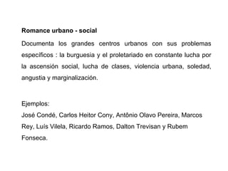 Romance urbano - social
Documenta los grandes centros urbanos con sus problemas
específicos : la burguesia y el proletariado en constante lucha por
la ascensión social, lucha de clases, violencia urbana, soledad,
angustia y marginalización.

Ejemplos:
José Condé, Carlos Heitor Cony, Antônio Olavo Pereira, Marcos
Rey, Luís Vilela, Ricardo Ramos, Dalton Trevisan y Rubem
Fonseca.

 